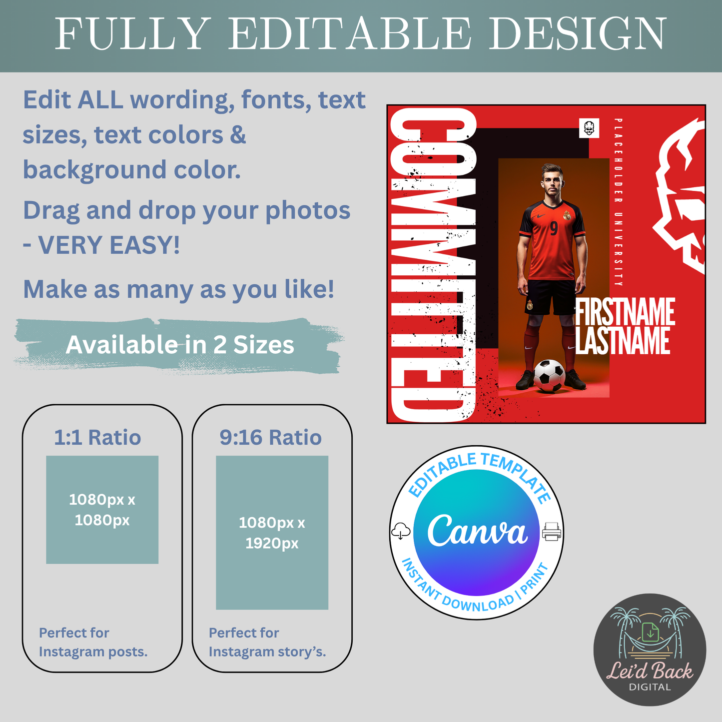 Various College Commitment Canva Template for High School Athletes | Editable Sports Graphic | Instant Digital Download