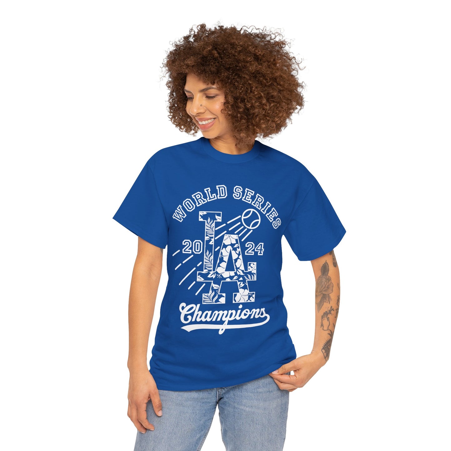 World Series Champions T-Shirt – Floral Pattern LA Logo Design – Celebrate Los Angeles Dodgers Victory Unique Championship Gear for Fans!
