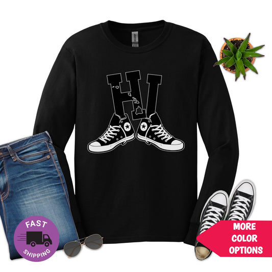 Hawaii HI Sneakers Long Sleeve Tee | Retro Hawaii State Design with Converse Shoes, Vintage Streetwear Island Style Long Sleeve Tee