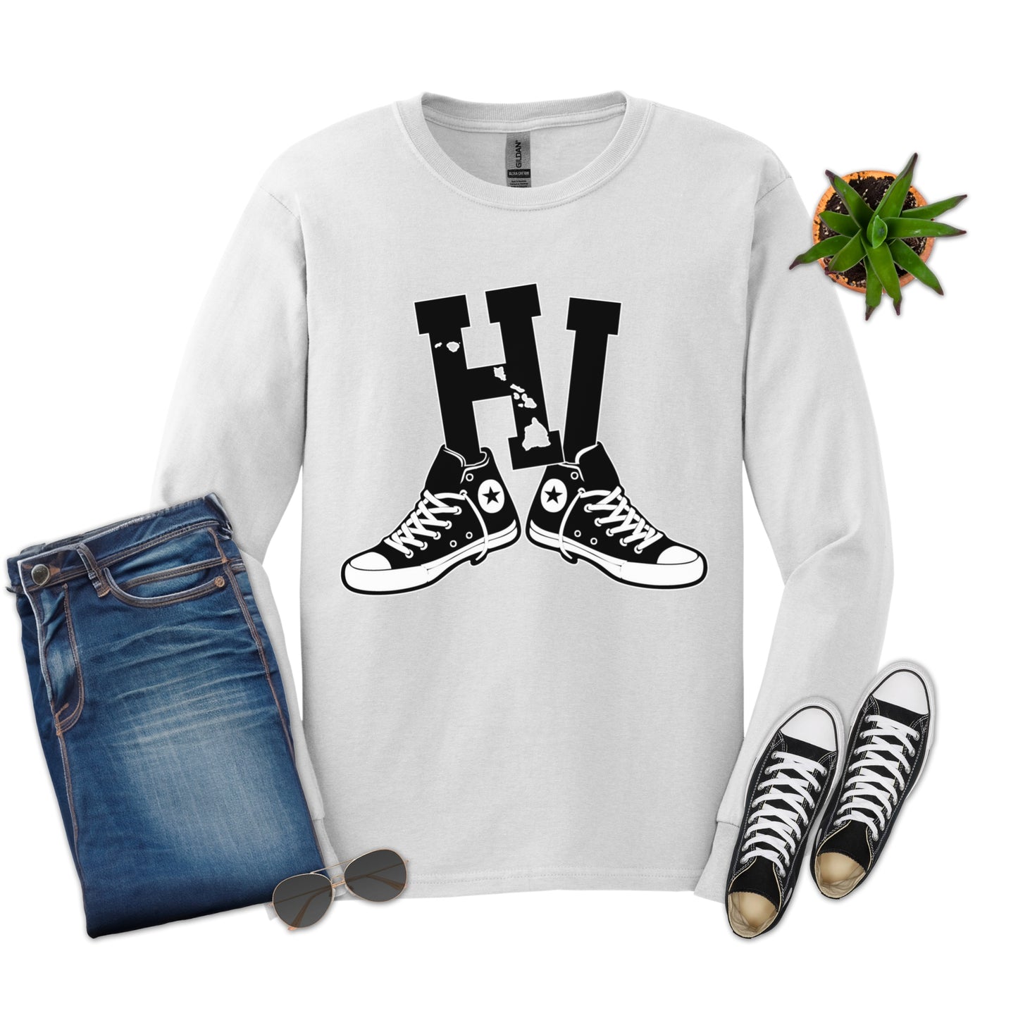 Hawaii HI Sneakers Long Sleeve Tee | Retro Hawaii State Design with Converse Shoes, Vintage Streetwear Island Style Long Sleeve Tee