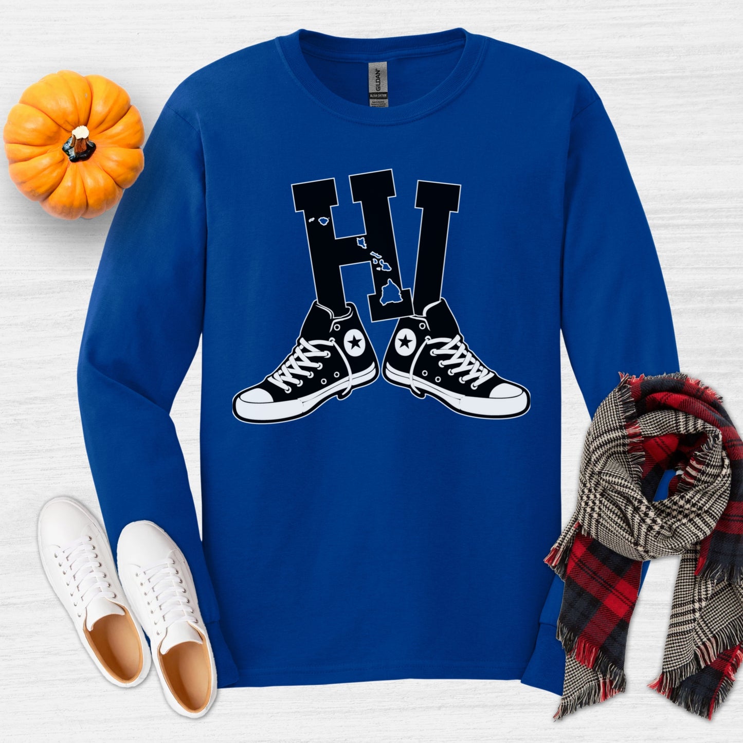 Hawaii HI Sneakers Long Sleeve Tee | Retro Hawaii State Design with Converse Shoes, Vintage Streetwear Island Style Long Sleeve Tee