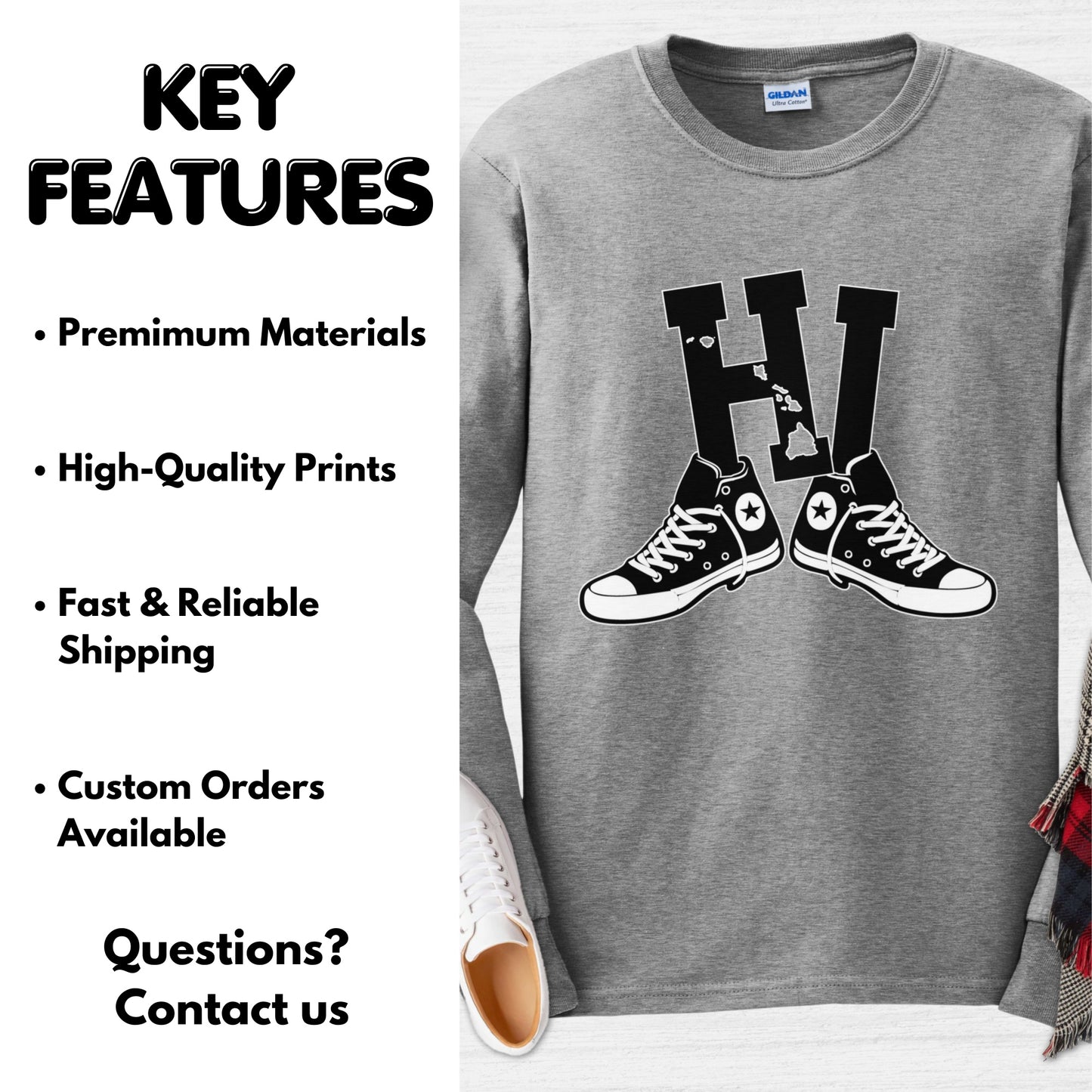 Hawaii HI Sneakers Long Sleeve Tee | Retro Hawaii State Design with Converse Shoes, Vintage Streetwear Island Style Long Sleeve Tee