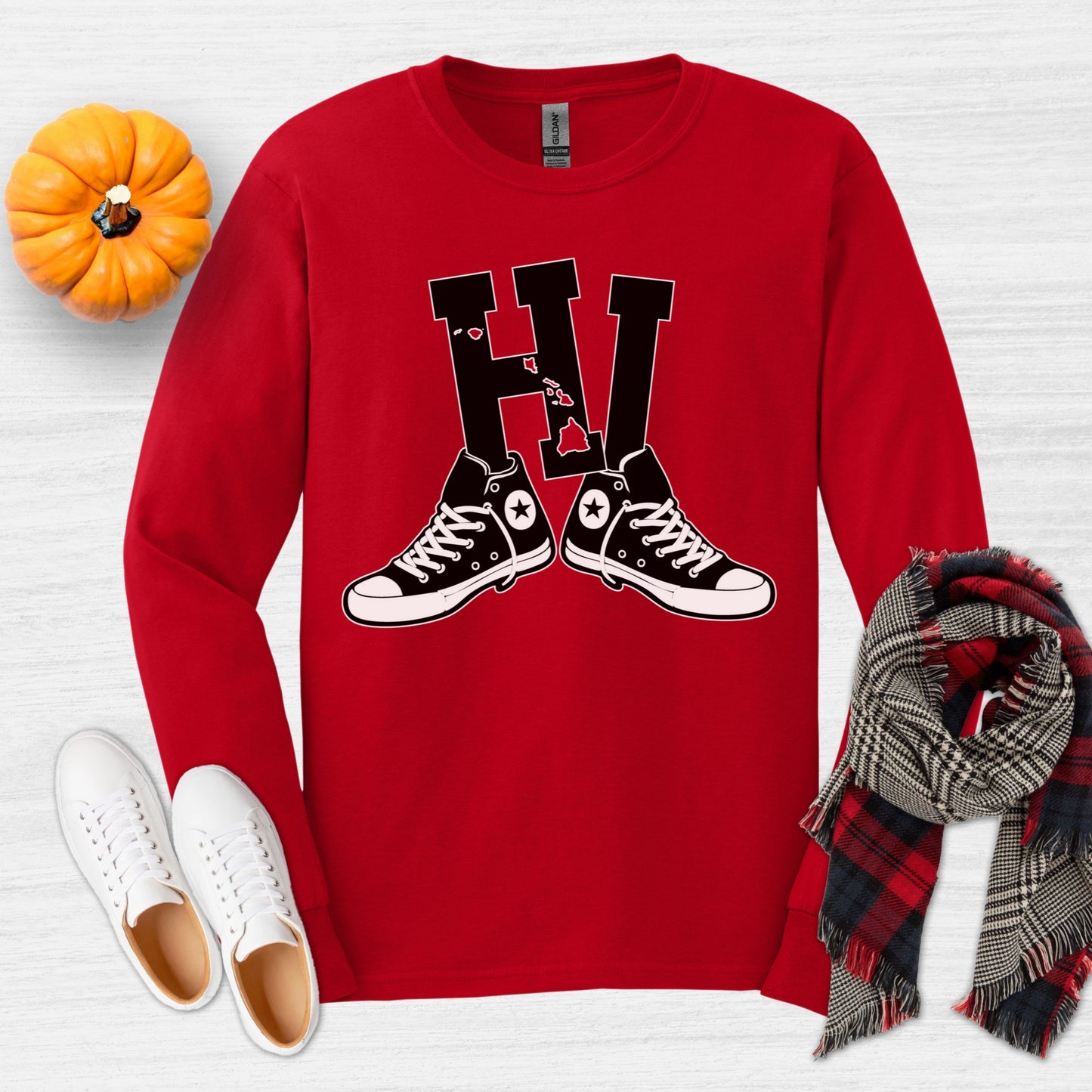 Hawaii HI Sneakers Long Sleeve Tee | Retro Hawaii State Design with Converse Shoes, Vintage Streetwear Island Style Long Sleeve Tee