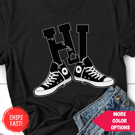 Hawaii HI Sneakers T-Shirt | Retro Hawaii State Design with High Tops, Vintage Streetwear Island Style Tee