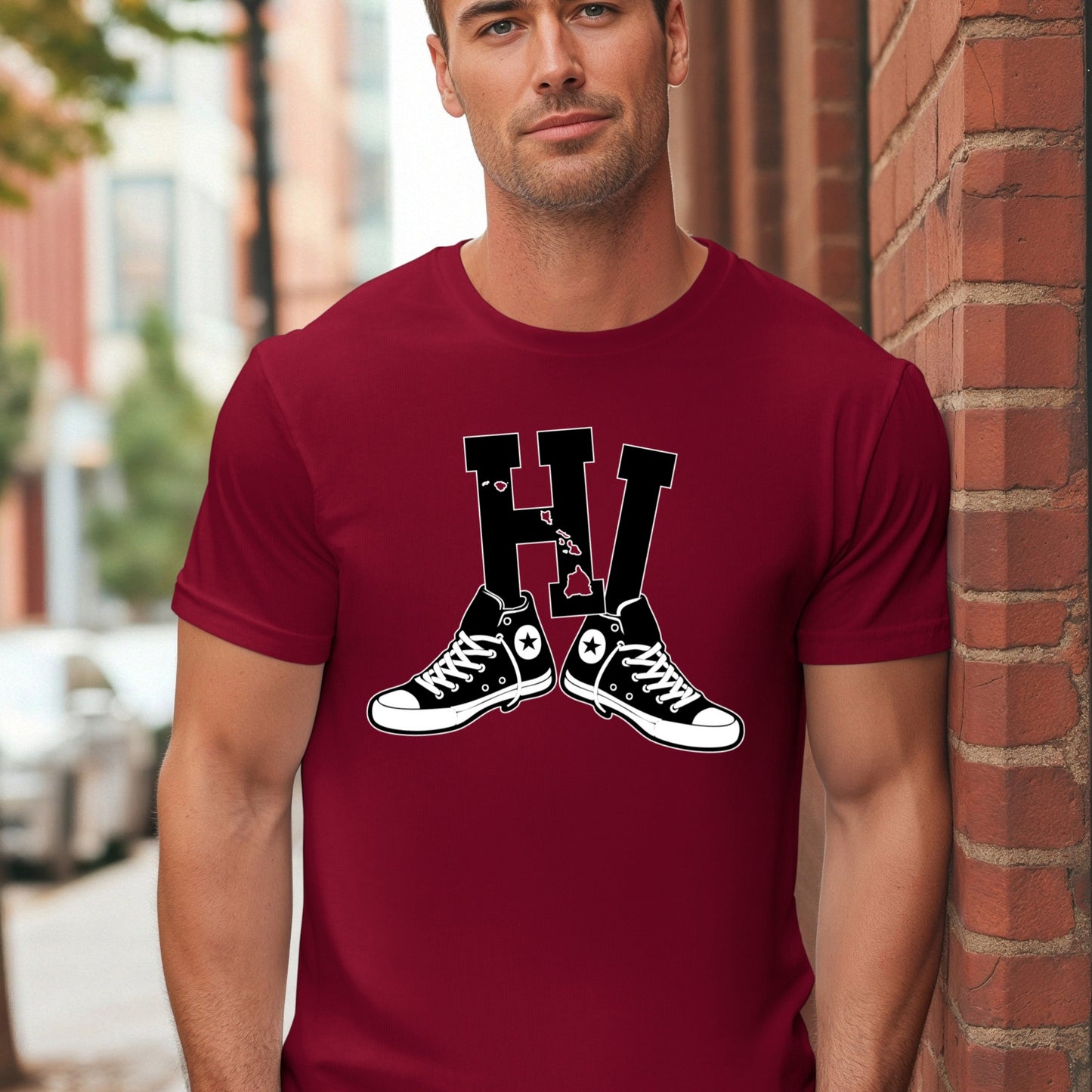 Hawaii HI Sneakers T-Shirt | Retro Hawaii State Design with High Tops, Vintage Streetwear Island Style Tee
