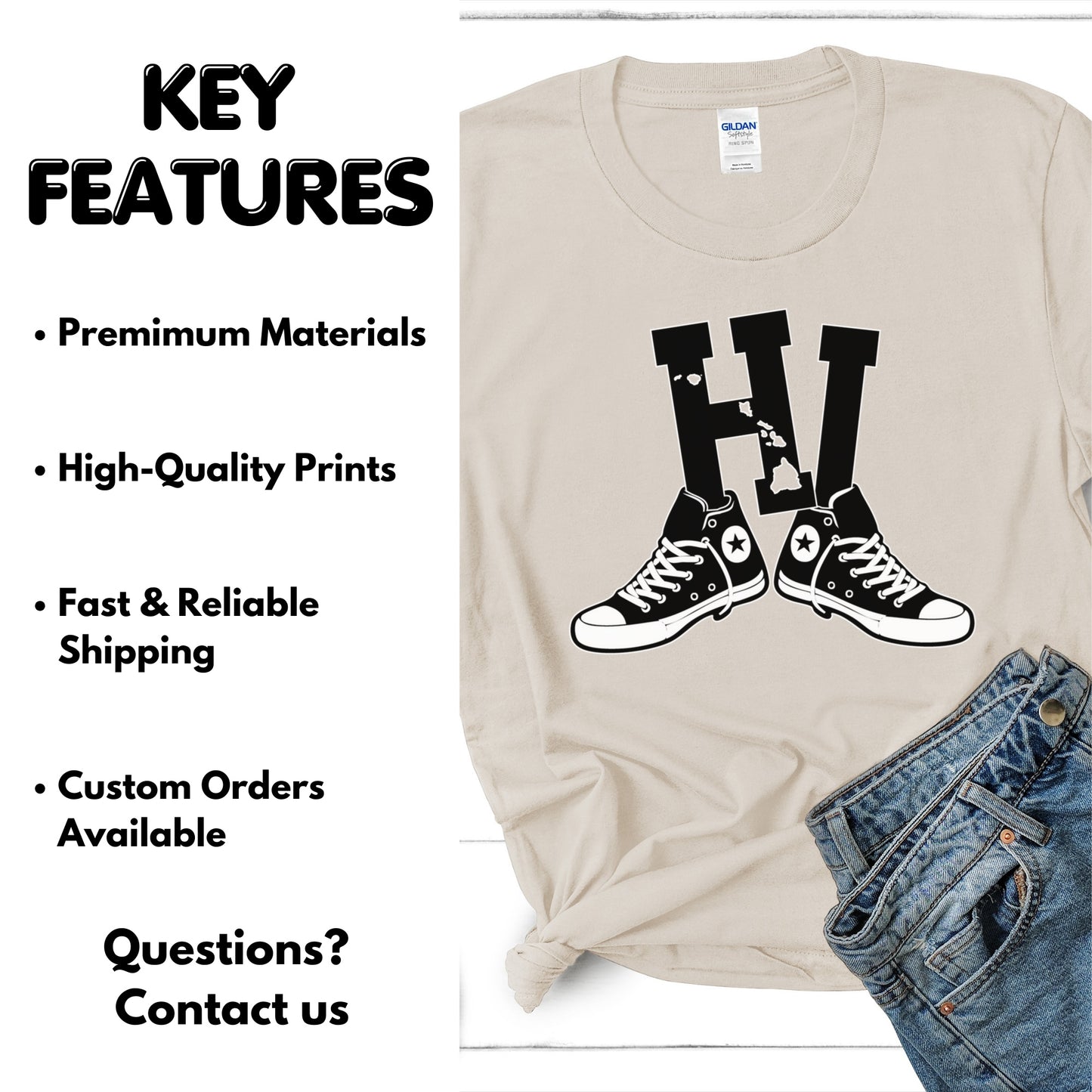 Hawaii HI Sneakers T-Shirt | Retro Hawaii State Design with High Tops, Vintage Streetwear Island Style Tee