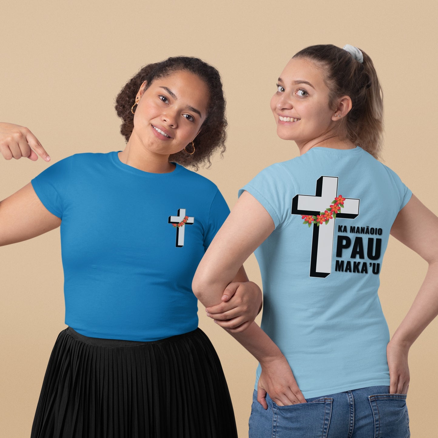 Ka Mana'oio Pau Maka'u Shirt | Faith Over Fear Hawaiian Cross Tee with Plumeria Lei | Christian Aloha T-Shirt