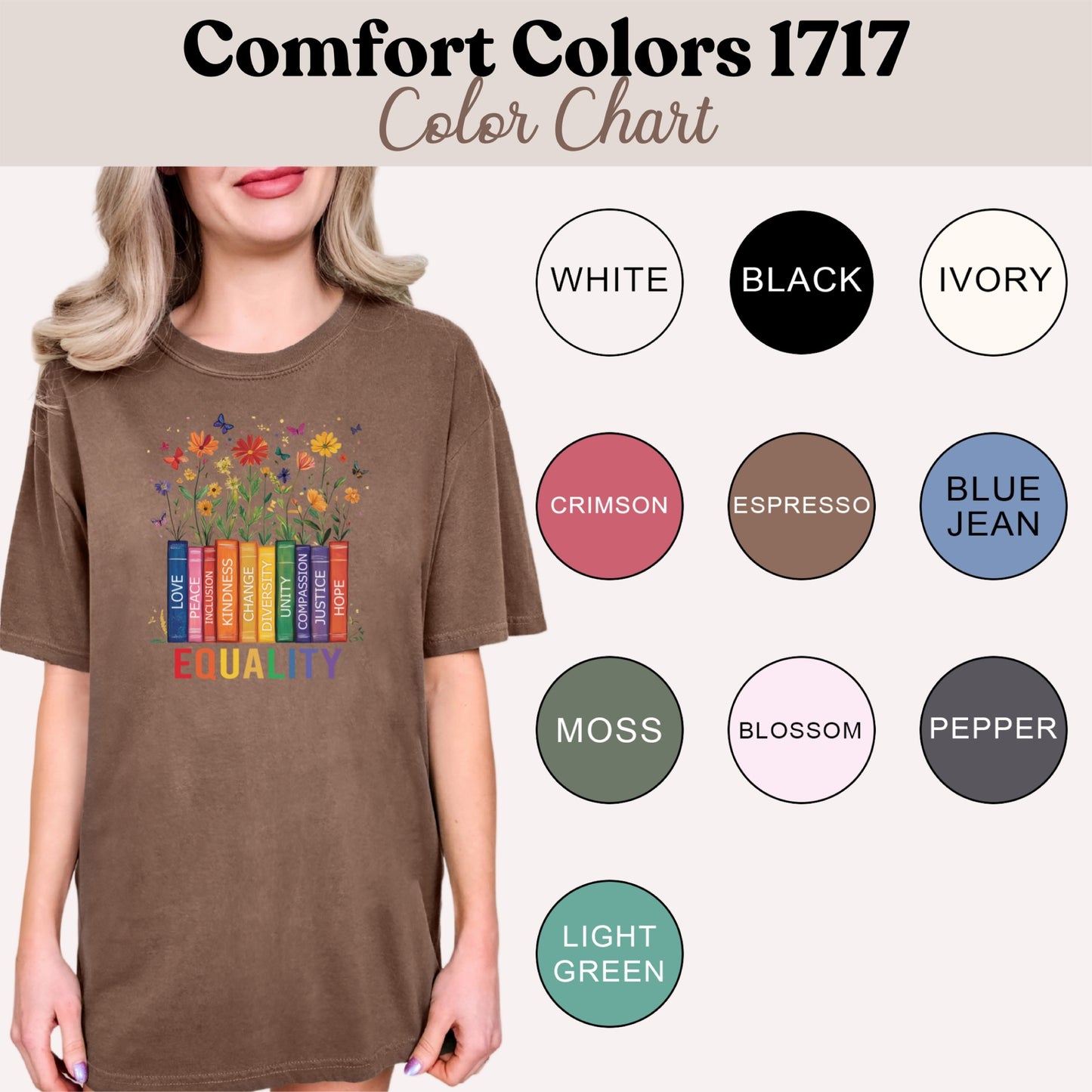 Equality T-Shirt Books & Flowers | Diversity, Inclusion, Kindness, Unity, Pride Shirt for Teachers, Librarians, Activists