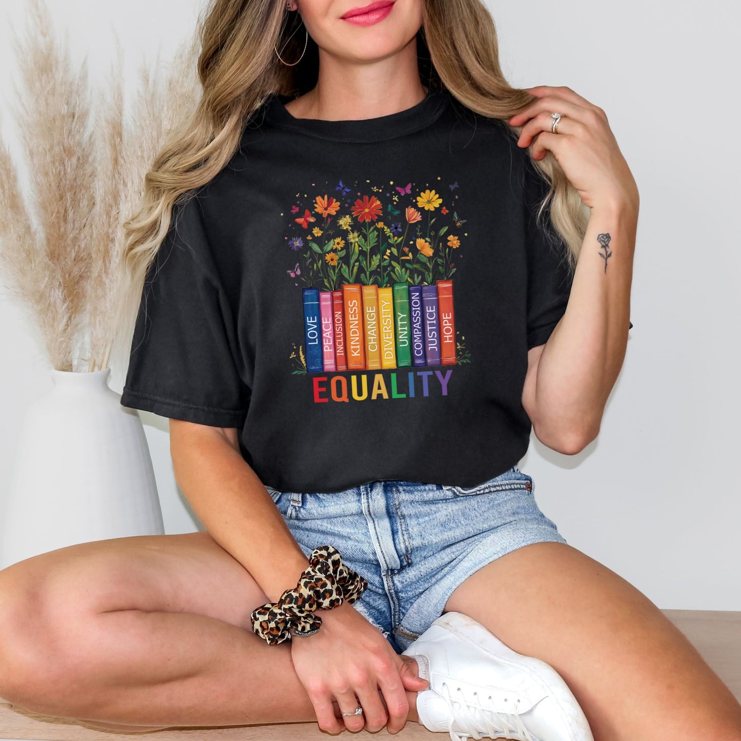 Equality T-Shirt Books & Flowers | Diversity, Inclusion, Kindness, Unity, Pride Shirt for Teachers, Librarians, Activists