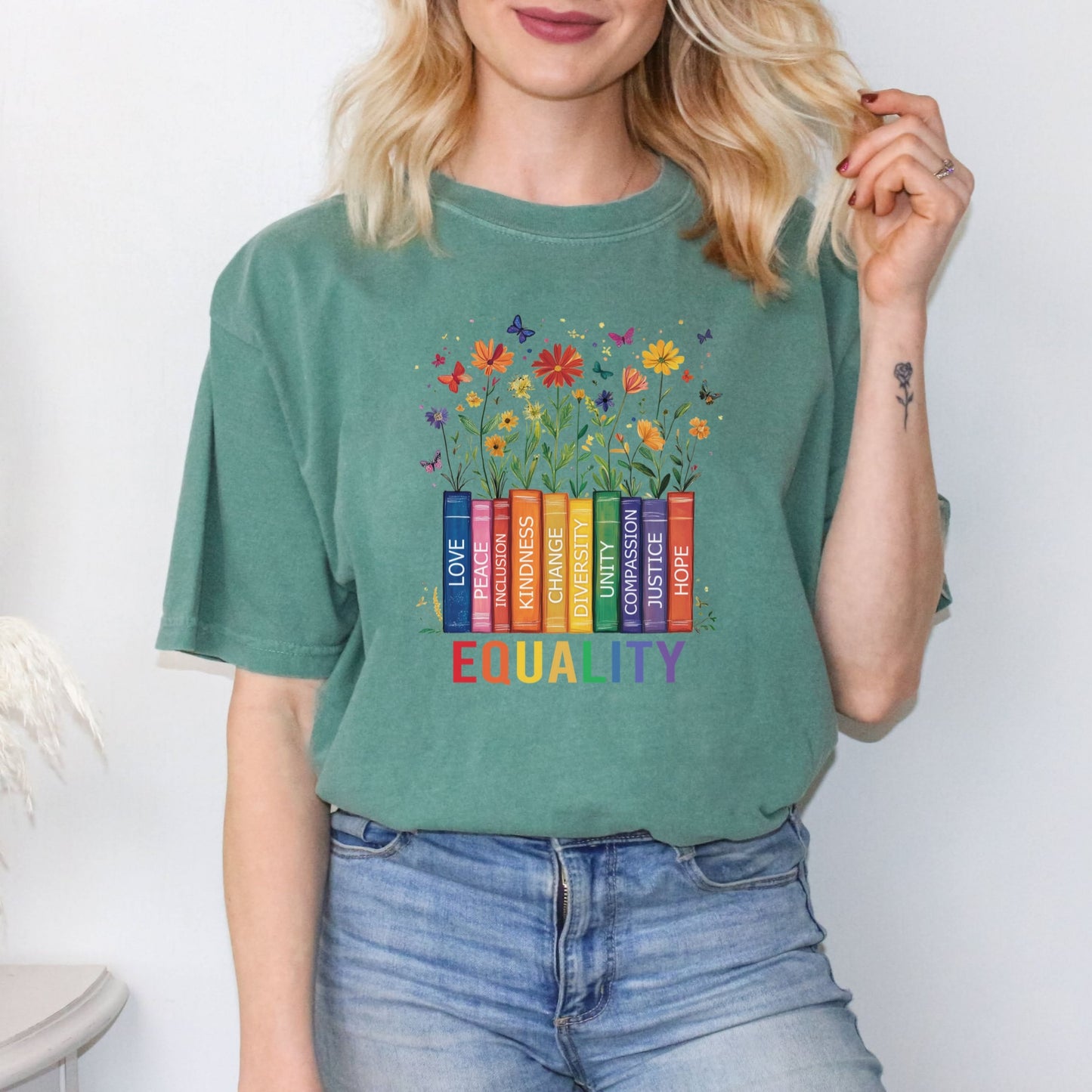 Equality T-Shirt Books & Flowers | Diversity, Inclusion, Kindness, Unity, Pride Shirt for Teachers, Librarians, Activists