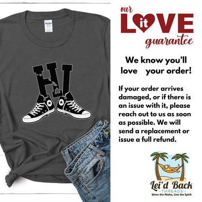 Hawaii HI Sneakers T-Shirt | Retro Hawaii State Design with High Tops, Vintage Streetwear Island Style Tee