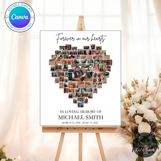 Various Funeral Photo Collage Templates | Heart Shape | Canva Editable Memorial Board | Digital Download | Celebration of Life Poster
