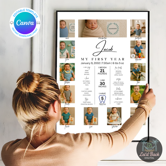 Editable Baby First Year Photo Collage | Monthly Milestone Canva Download | 12 Photo Poster for Baby’s 1st Birthday | Instant Digital Print