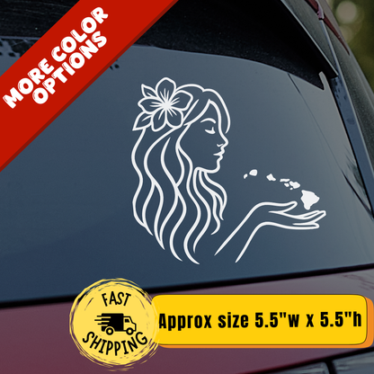 Hawaiian Girl Car Decal | Island Wahine Blowing Aloha Vinyl Sticker | Hawaii Car Window Sticker | Tropical Beach Vibes Auto Accessory