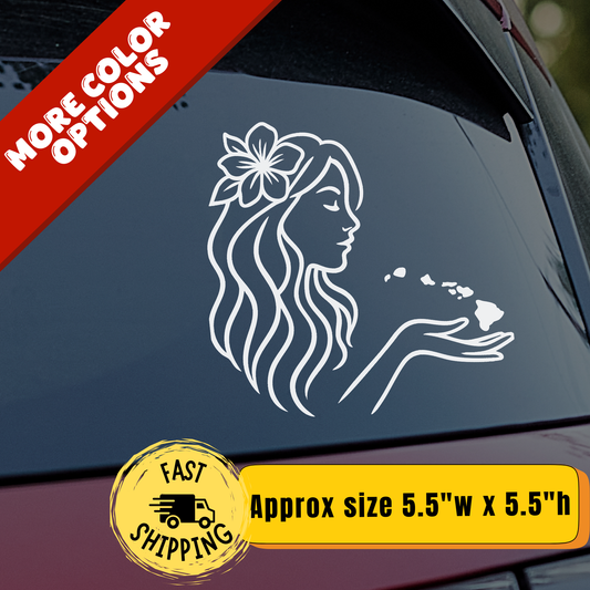 Hawaiian Girl Car Decal | Island Wahine Blowing Aloha Vinyl Sticker | Hawaii Car Window Sticker | Tropical Beach Vibes Auto Accessory