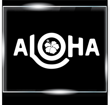 Aloha with a long L and a Hibiscus Flower in the O Decal