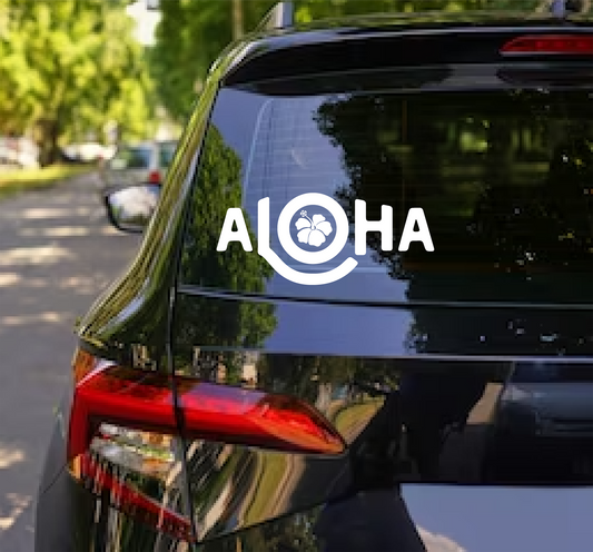 Aloha with a long L and a Hibiscus Flower in the O Decal