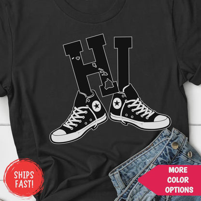Hawaii HI Sneakers T-Shirt | Retro Hawaii State Design with High Tops, Vintage Streetwear Island Style Tee